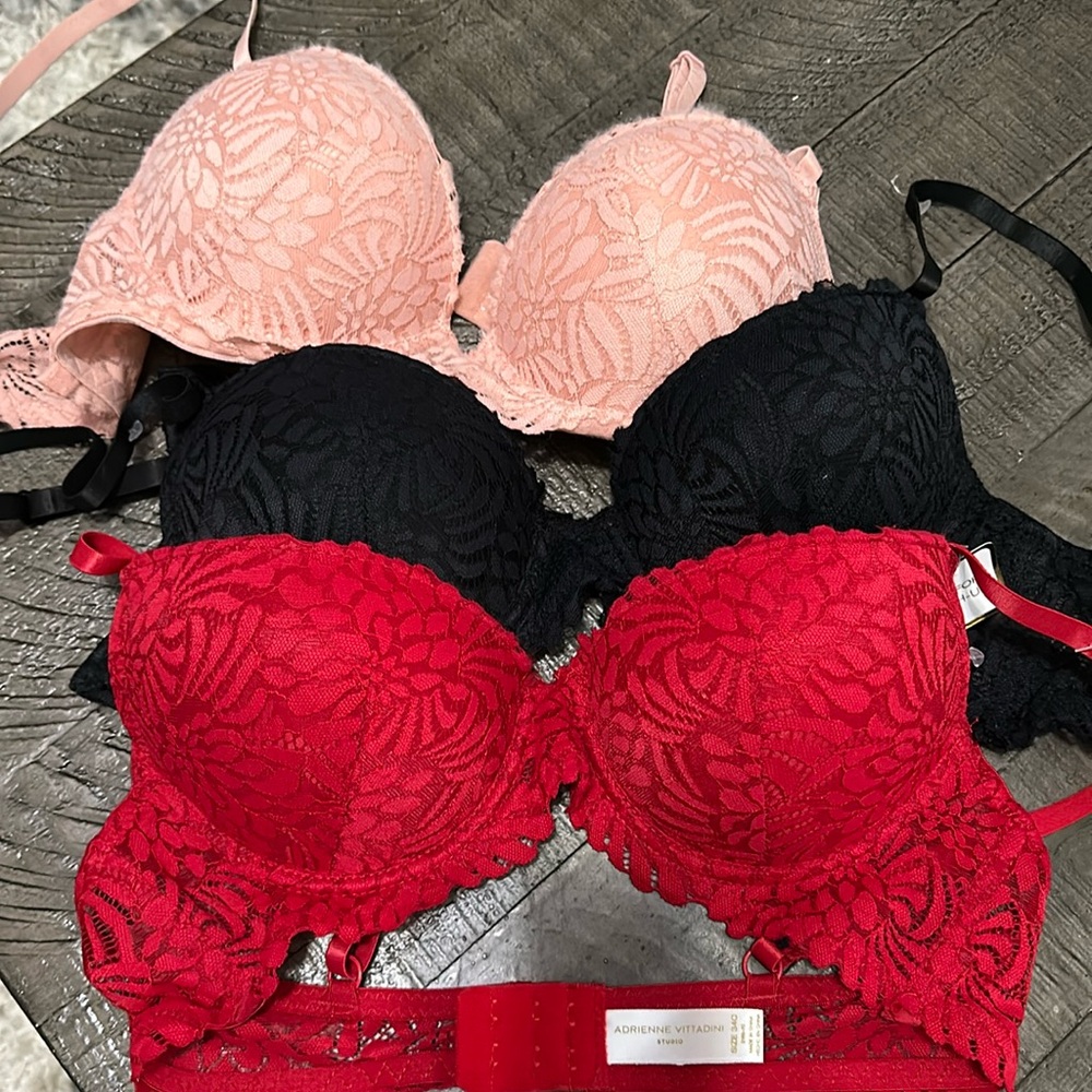 Adrienne Vittadini Bra Set of 3 Comfort Pad Lace Red Pink Black 34C